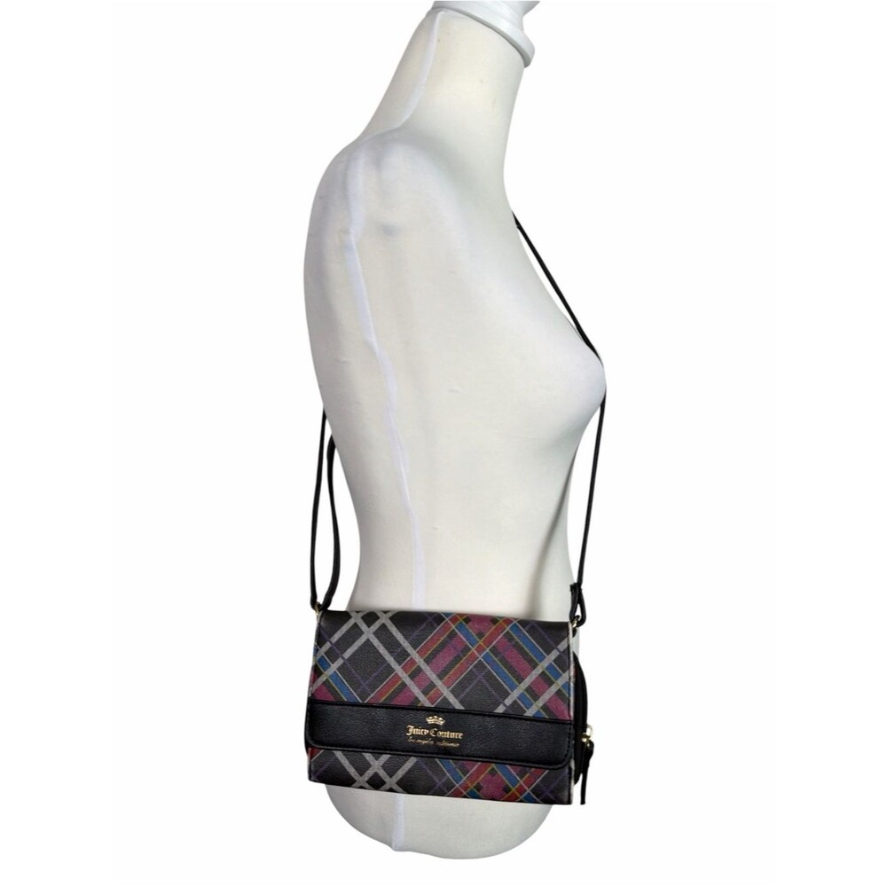 Juicy Couture Plaid Crossbody Wallet Purse Black Pink Blue Tartan Foldover Bag